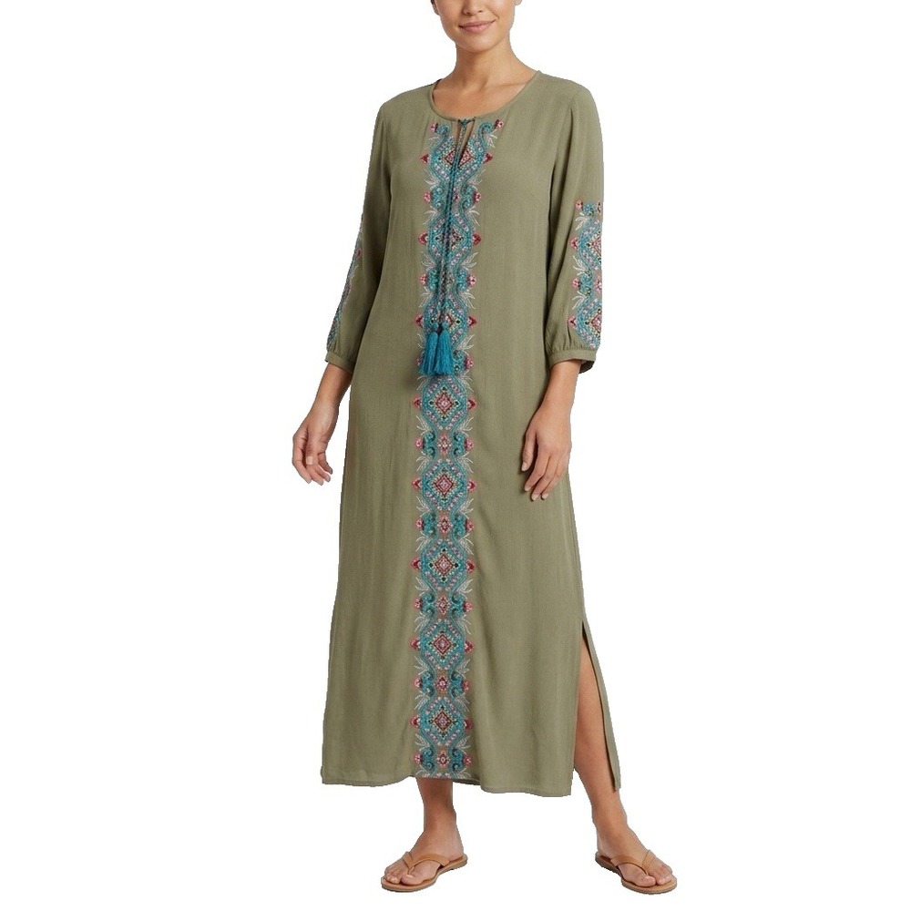 Soft Surroundings Boho Sicily Maxi Dress Sz Small Green Gauze Embroidered Slits
